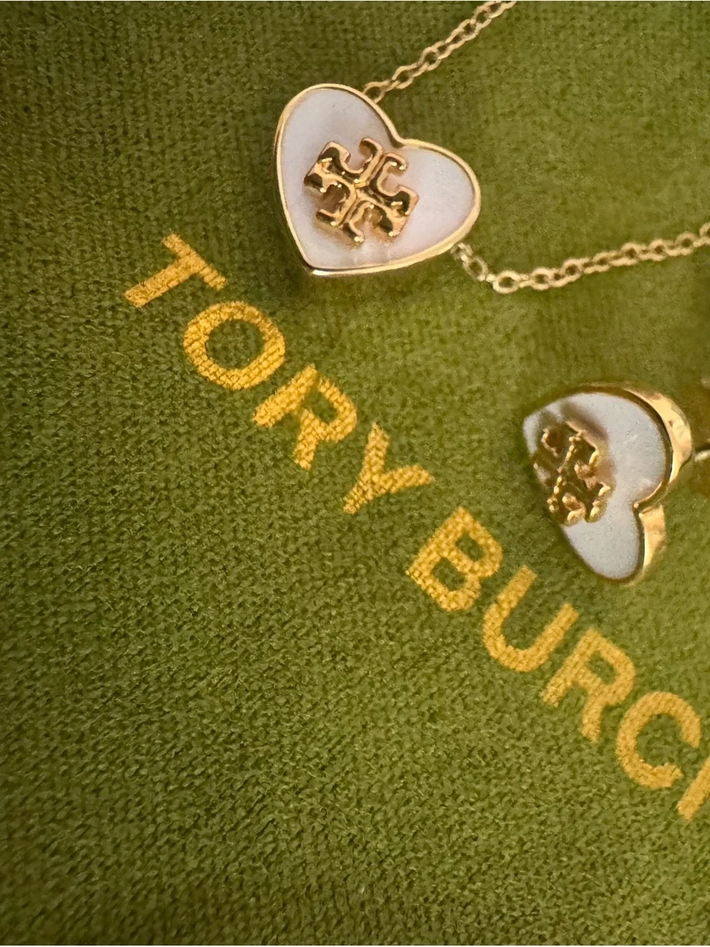 Tory Burch Gold and White Heart Logo Necklace with Matching Studs